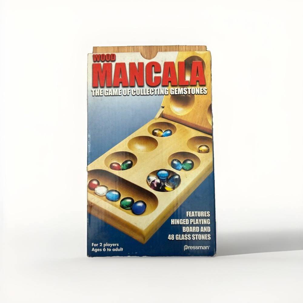 Pressman Mancala Classic Real Wood Folding Game Set 48 Glass Stones Family Play